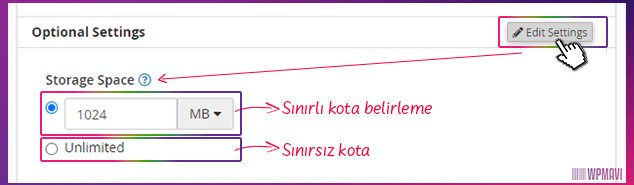 4. adım açılan mail adresi için bir kota belirleme