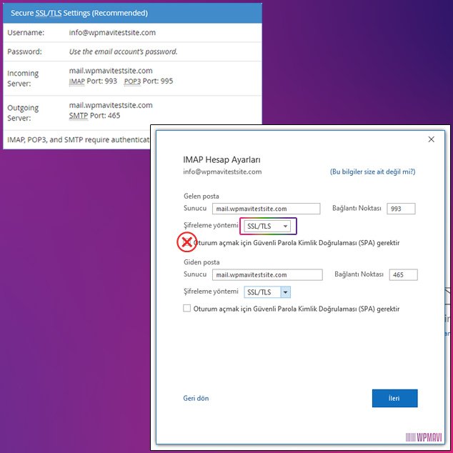 outlook ayarları şifreleme yöntemi için SSL/TLS seçme