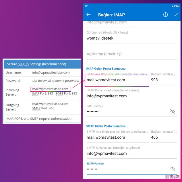 outlook mobil imap gelen posta sunucu ekranı