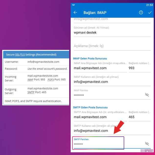 outlook mobil ayarları smtp parolası kısmı