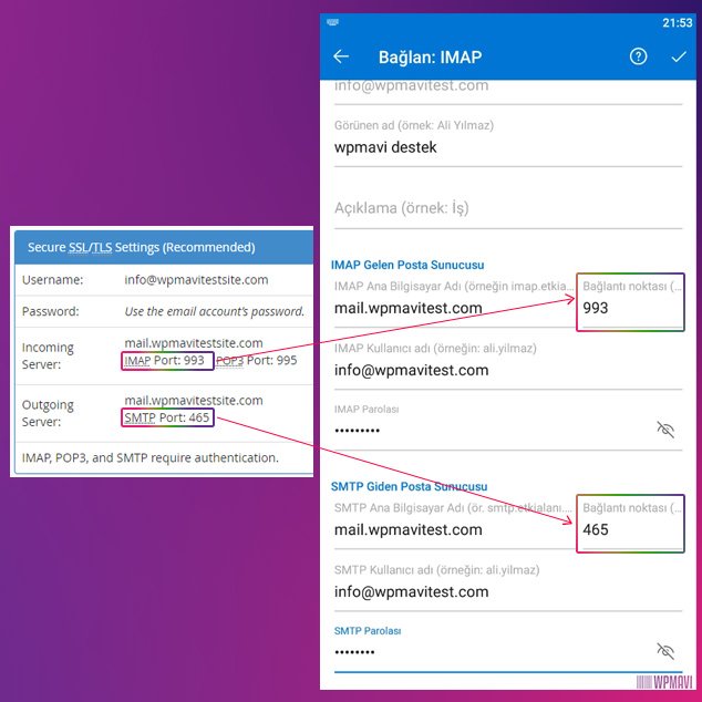 outlook mobil ayarları bağlantı noktası ayarları