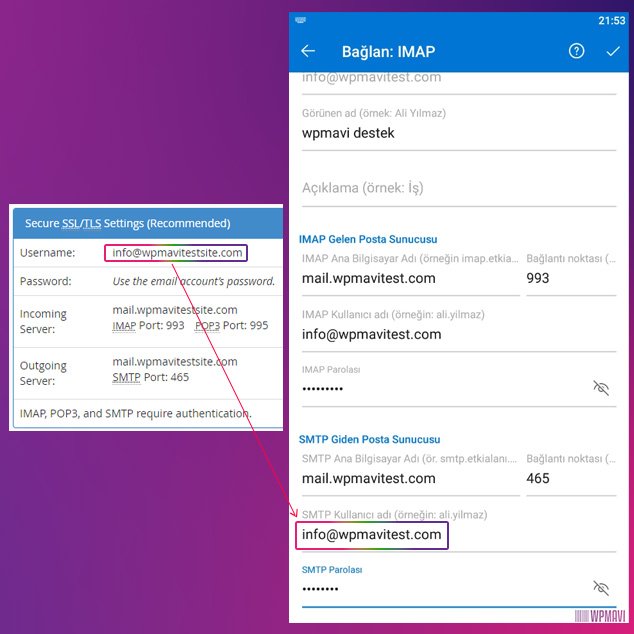 outlook mobil ayarları smtp kullanıcı adı kısmı