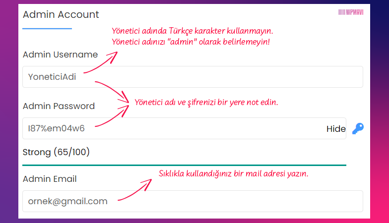 wordpress cpanel kurulumu - Admin Account