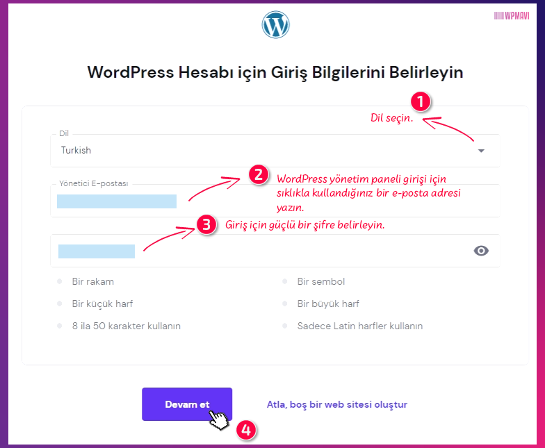 siteye wordpress kurmak - hostinger Yönetici Giriş Bilgileri Belirleme