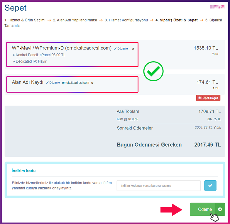 hosting ve domain almak - Sepet Özeti