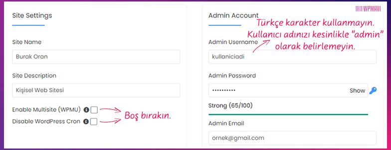 WordPress Aç - Site Settings ve Admin Accounts Başlıkları